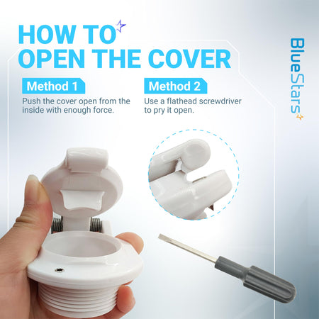 Instructional graphic showing how to open the W400BWHP pool vacuum wall fitting cover using a flathead screwdriver.