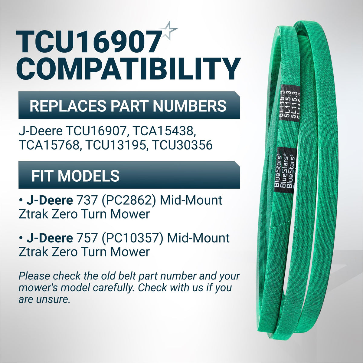 Green replacement mower deck belt for John Deere Ztrak 737 and 757 zero turn mowers, replaces TCU16907.