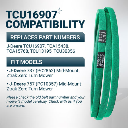 Green replacement mower deck belt for John Deere Ztrak 737 and 757 zero turn mowers, replaces TCU16907.
