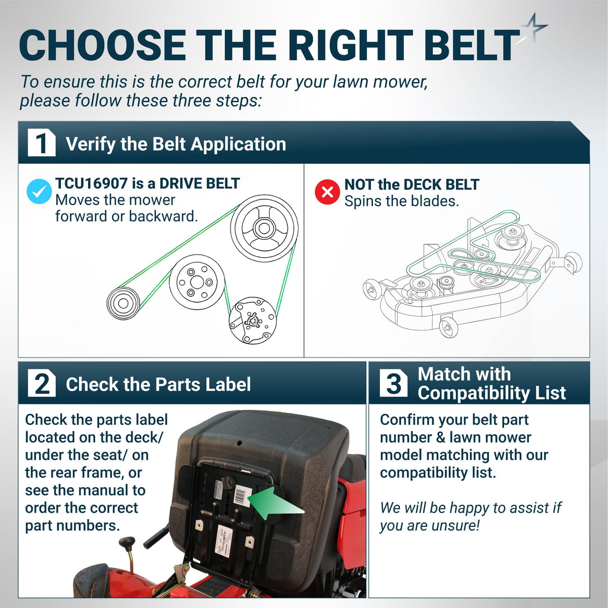 Instructional guide for choosing the correct TCU16907 lawn mower drive belt by verifying application and part labels.