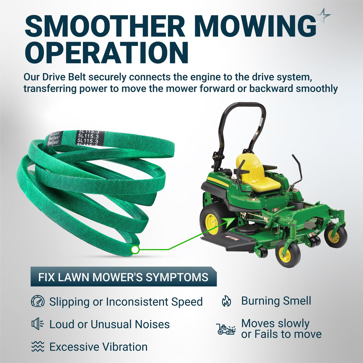 Green lawn mower drive belt showing installation point on a zero-turn mower to fix common performance issues.