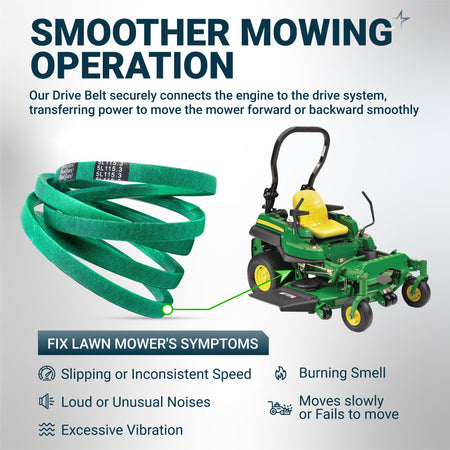 Green lawn mower drive belt showing installation point on a zero-turn mower to fix common performance issues.