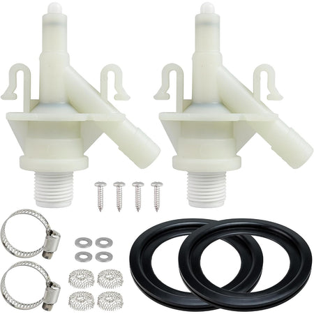 385311641 RV toilet valve kit, 2-pack shown with valves, screws, clamps, washers, springs, and black seals