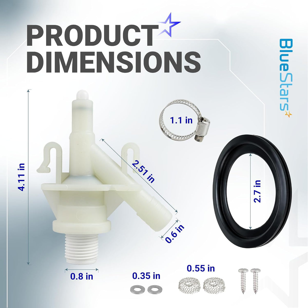 385311641 2-Pack RV Toilet Valve Kit shows product dimensions with valve, seal, clamp, washers, screws and measurements