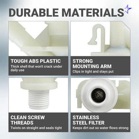 385311641 RV toilet valve kit feature graphic showing ABS plastic, mounting arm, screw threads, and steel filter