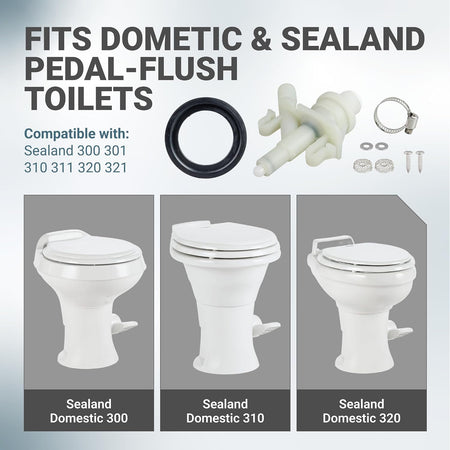385311641 2-Pack RV Toilet Valve Kit, parts shown with Sealand 300, 310 and 320 toilet compatibility graphic