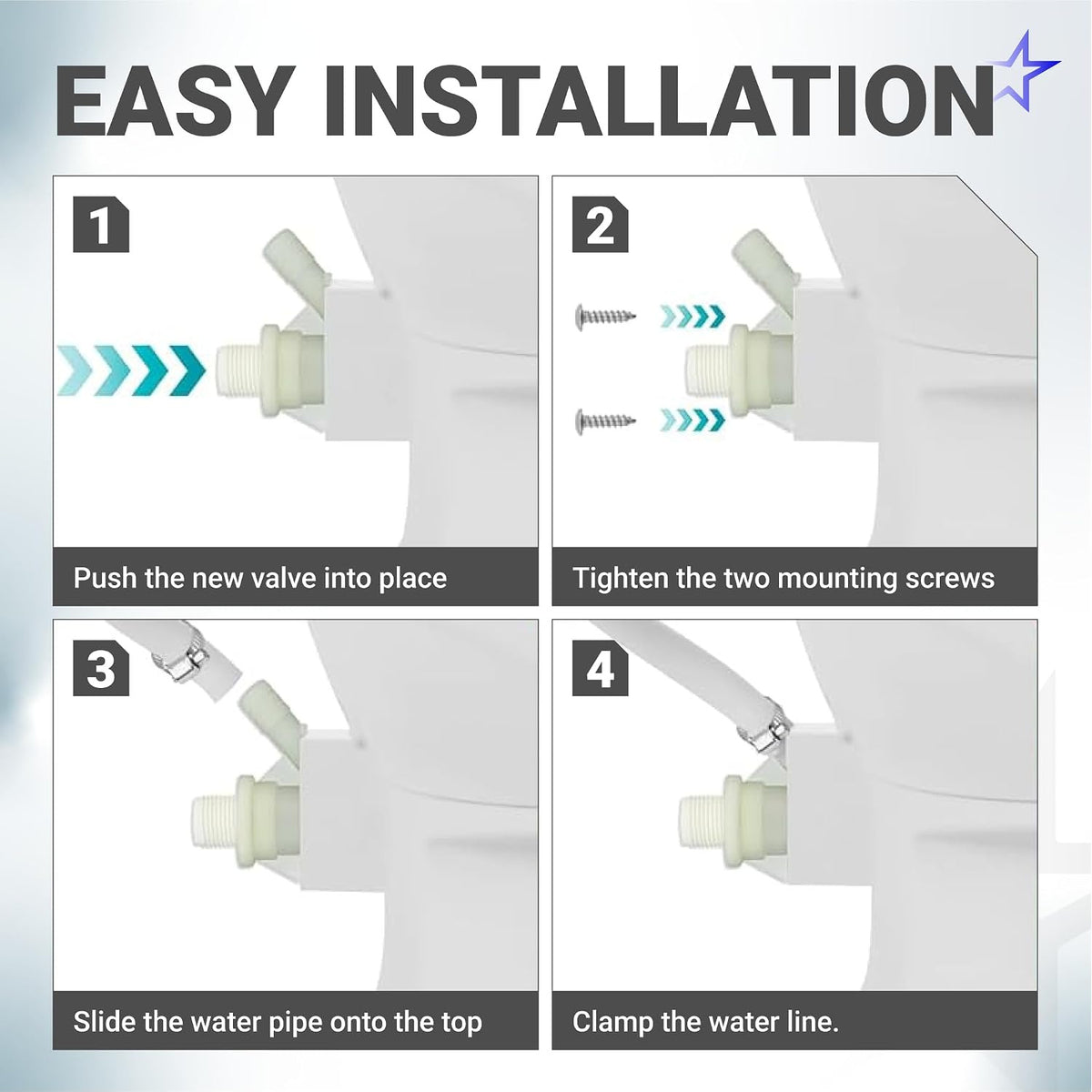 385311641 RV toilet valve kit showing four installation steps: insert valve, tighten screws, attach and clamp water line