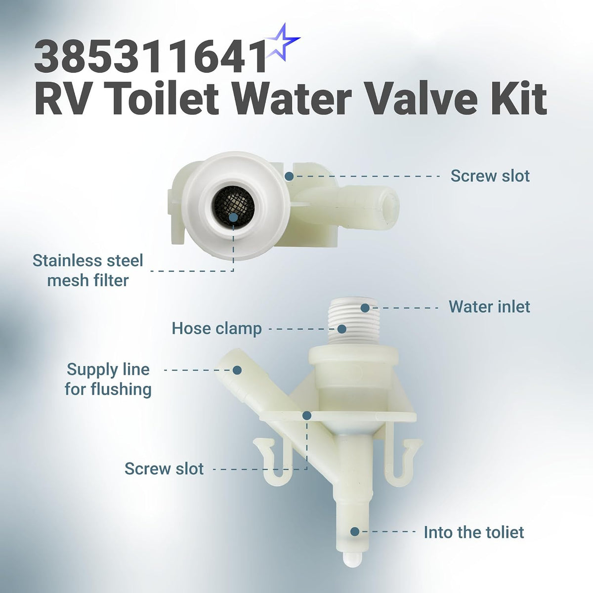 385311641 RV toilet water valve kit diagram showing screw slots, stainless steel mesh filter, hose clamp, water inlet and out
