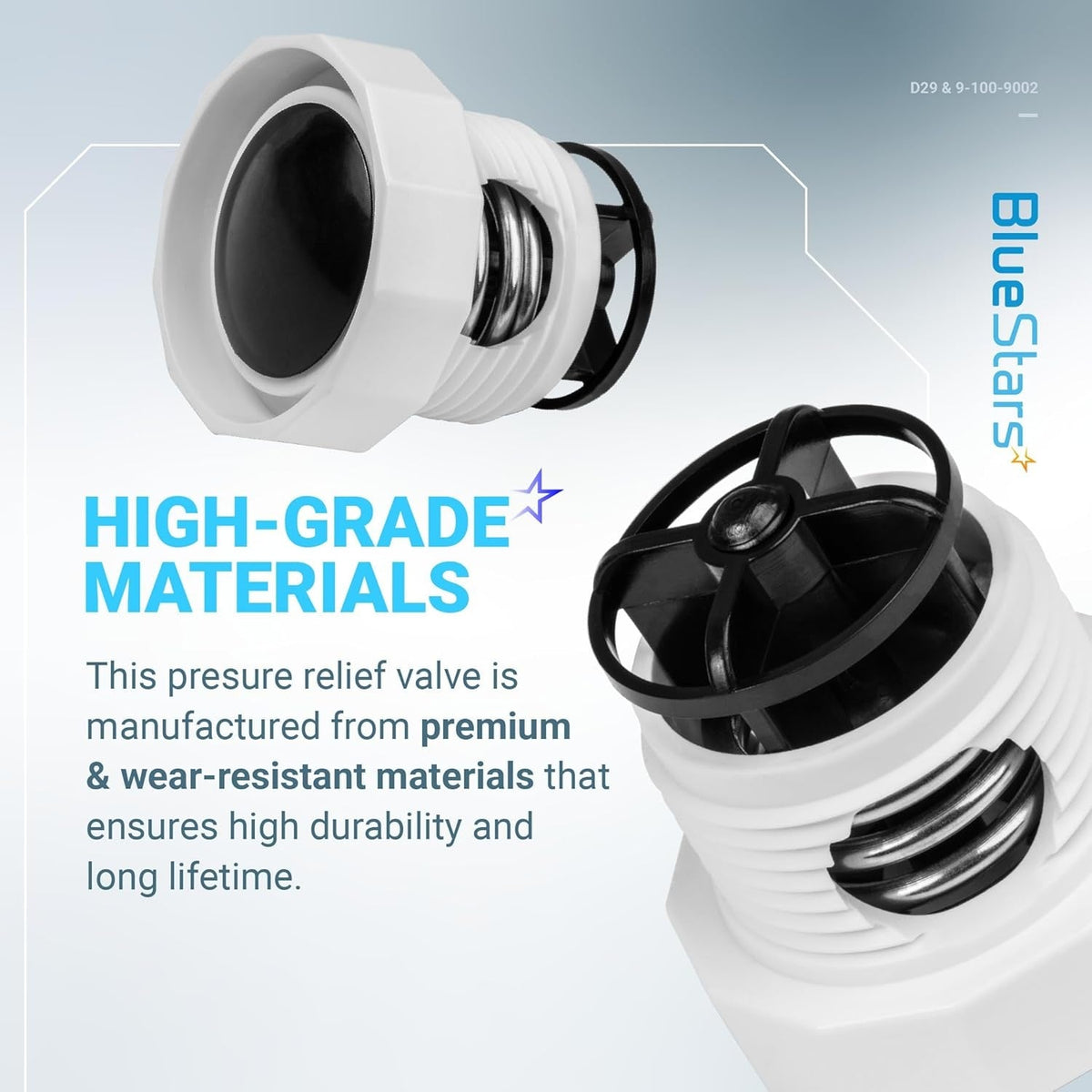 9-100-9002 pressure relief valve for pool cleaner, showing white threaded housing and internal black cage mechanism.