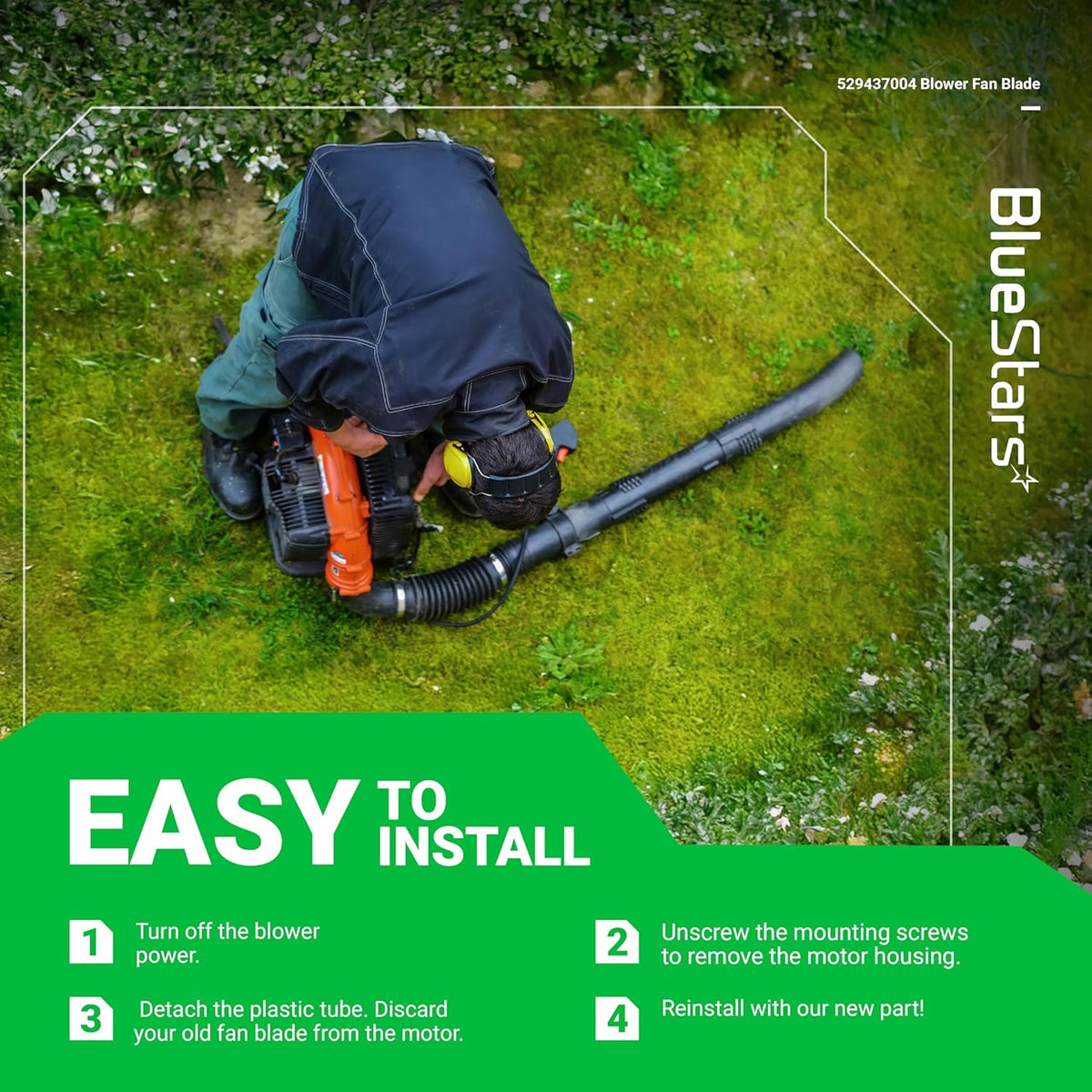 Instructional graphic showing how to install a 529437004 blower fan blade on a Ryobi cordless leaf blower.