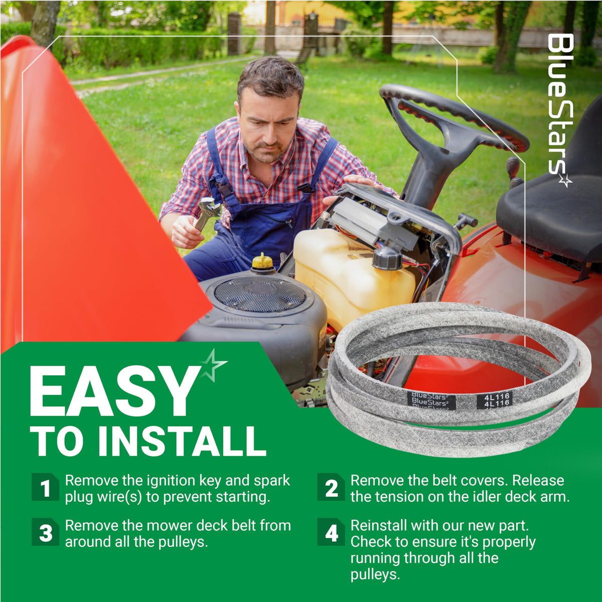 Replacement 793828 deck belt for Hustler Raptor mower with easy installation instructions graphic.