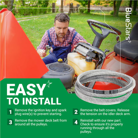 Replacement 793828 deck belt for Hustler Raptor mower with easy installation instructions graphic.