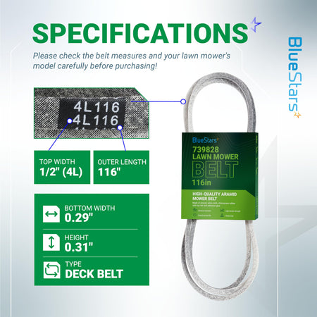 Specification chart for 793828 deck belt showing dimensions and 1/2 inch by 116 inch size for Hustler mowers.