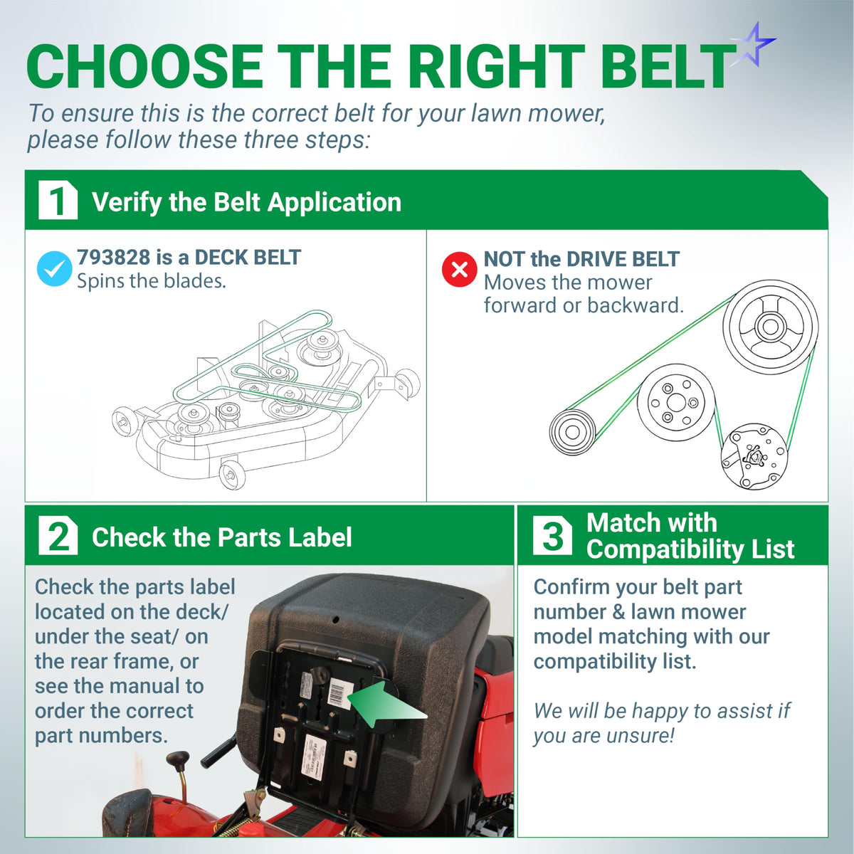 Instructional guide for identifying the correct 793828 deck belt for Hustler Raptor lawn mowers.