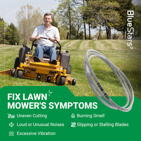Replacement deck belt for Hustler Raptor and Mini FasTrak mowers shown with a man operating a zero-turn lawn mower.
