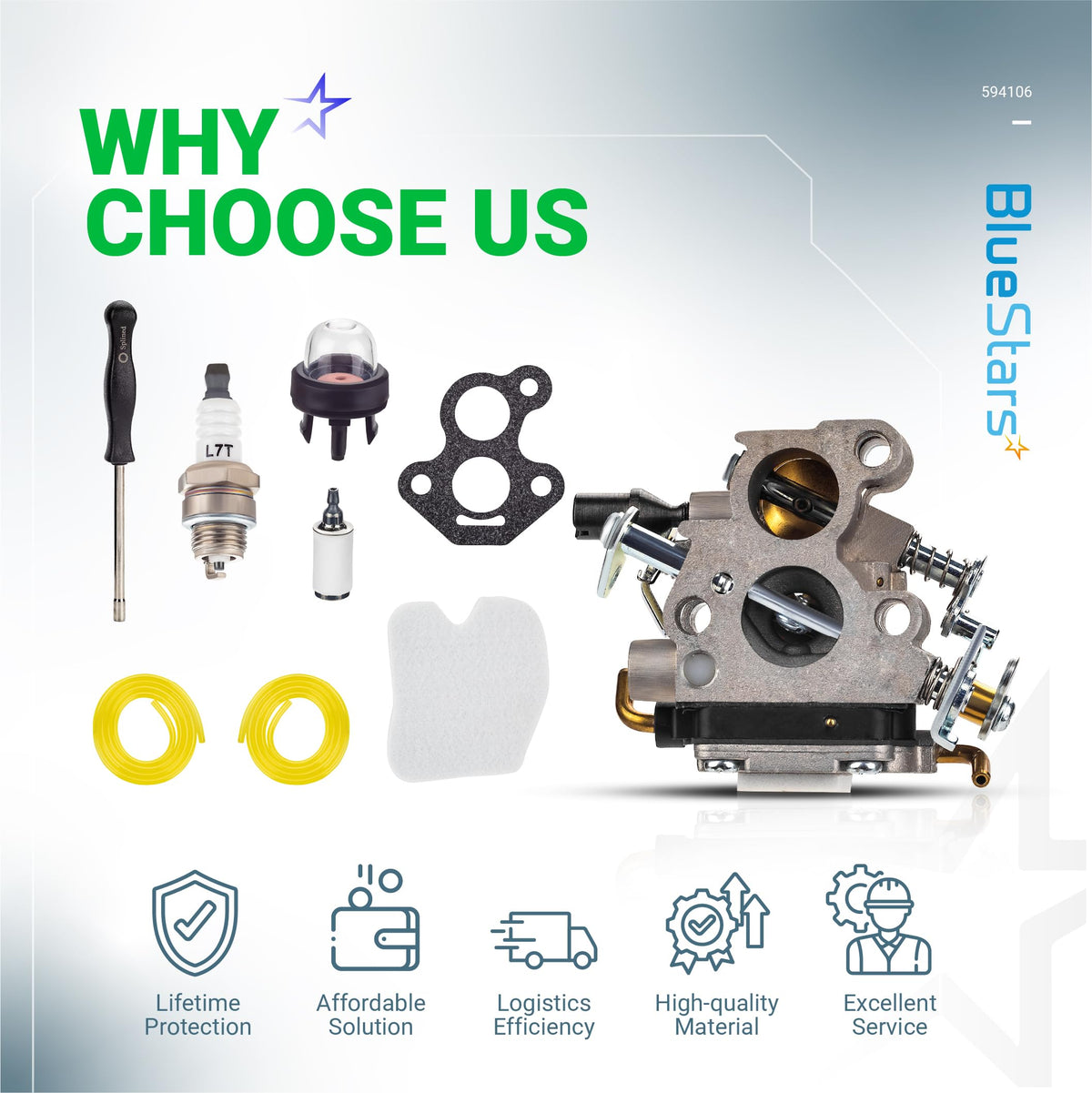 Carburetor tune-up kit components including carburetor, spark plug, fuel lines, and filter for Husqvarna and Jonsered saws.