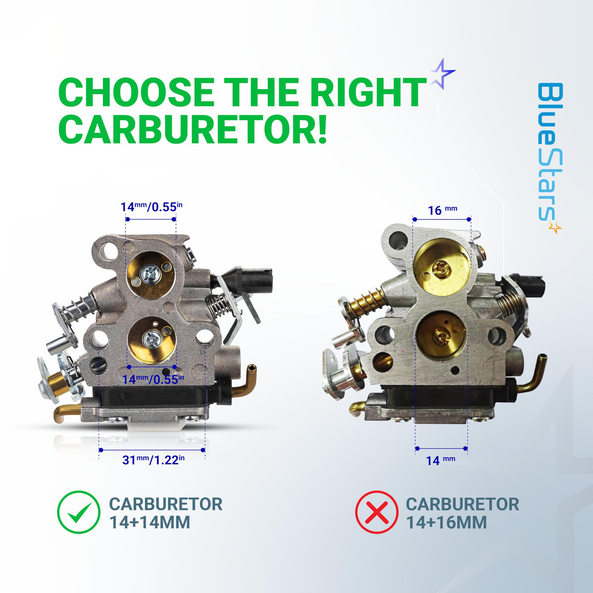 Comparison chart showing dimensional differences between 14mm+14mm and 14mm+16mm Husqvarna carburetor intake ports.
