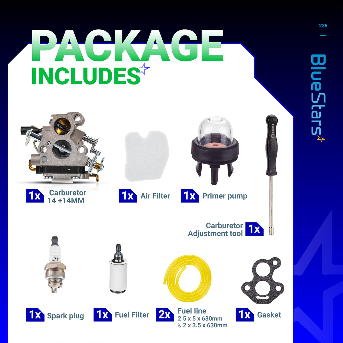 Carburetor tune-up kit components including carburetor, air filter, primer pump, adjustment tool, spark plug, and fuel lines.