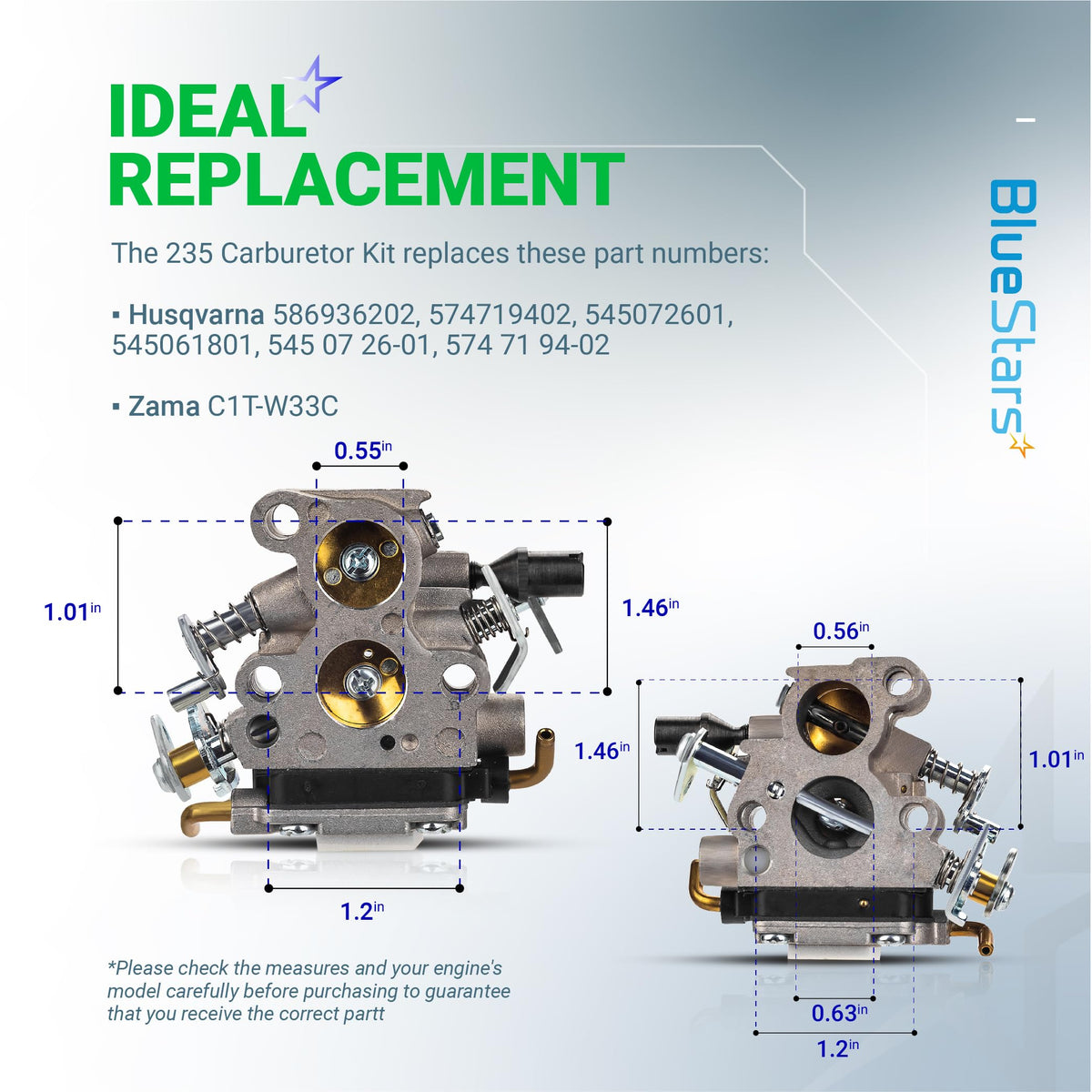 Dimensional diagram of 235 carburetor replacement for Husqvarna and Jonsered chainsaws showing key measurements.