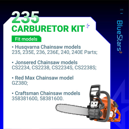 Informational graphic for 235 carburetor tune-up kit showing compatible Husqvarna, Jonsered, and Red Max chainsaw models.