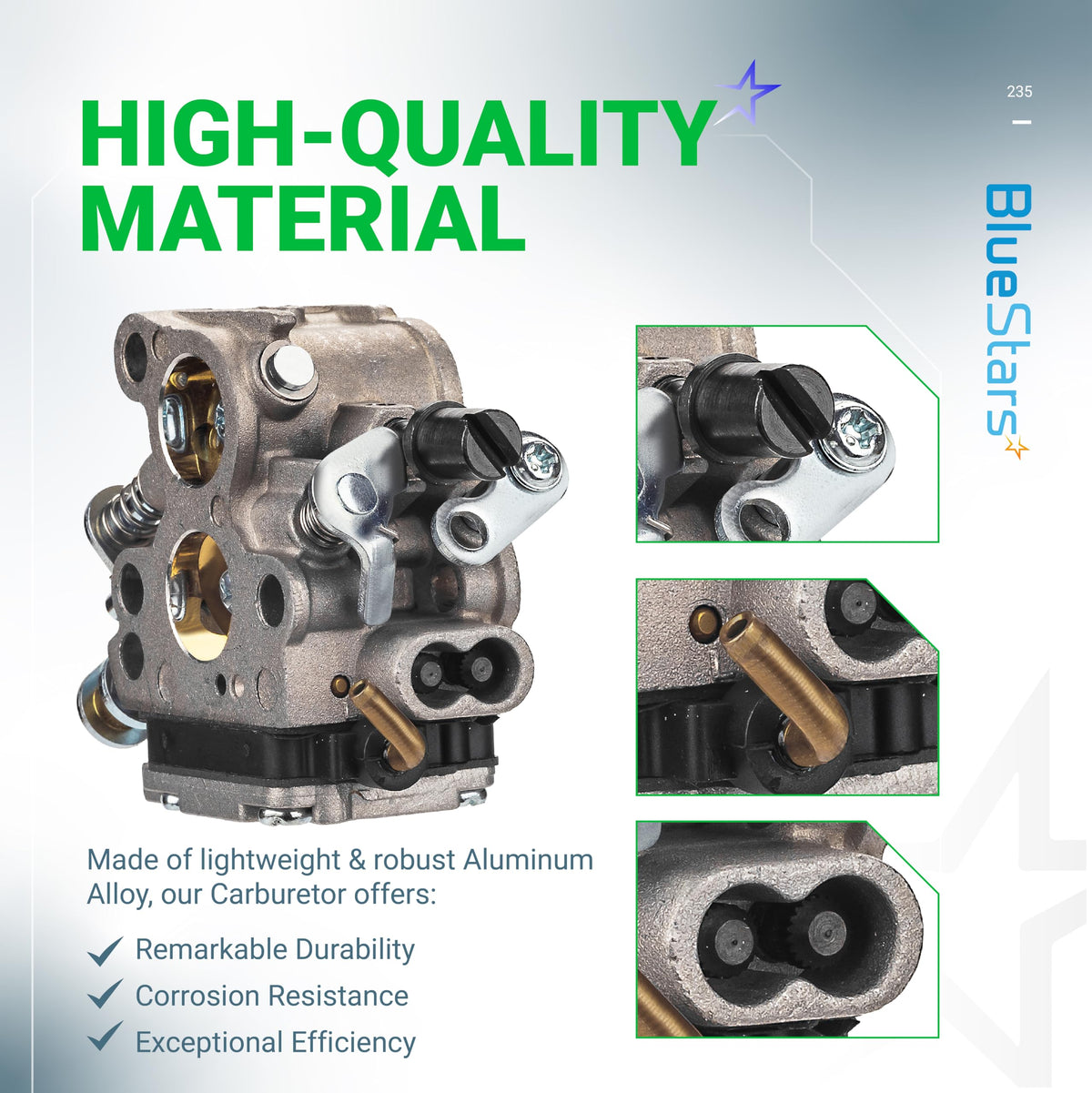 Aluminum alloy carburetor for Husqvarna 235 and 240 series chainsaws with detailed close-up views of components.