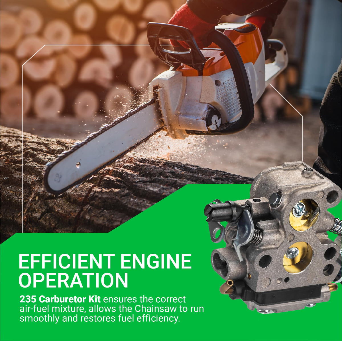 Replacement carburetor for Husqvarna 235 and compatible chainsaws shown with engine operation text overlay.