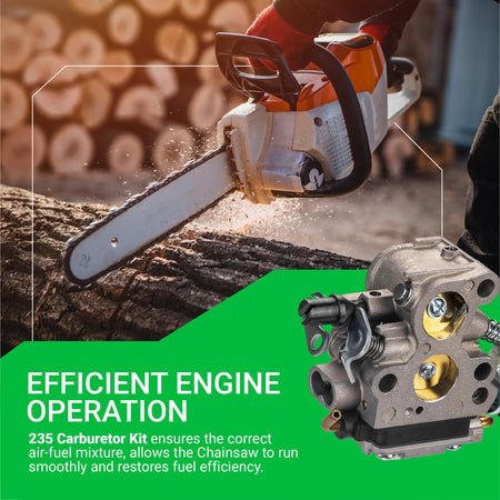 Replacement carburetor for Husqvarna 235 and compatible chainsaws shown with engine operation text overlay.