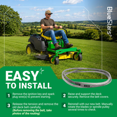 BlueStars replacement mower deck belt with easy installation guide for zero-turn lawn mowers.