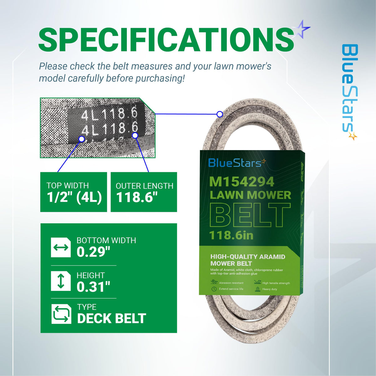 BlueStars M154294 lawn mower deck belt specifications chart showing 1/2 inch width and 118.6 inch outer length.