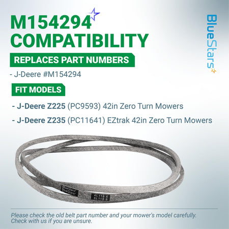 Replacement mower deck belt M154294 for John Deere Z225 and Z235 42-inch zero-turn mowers.