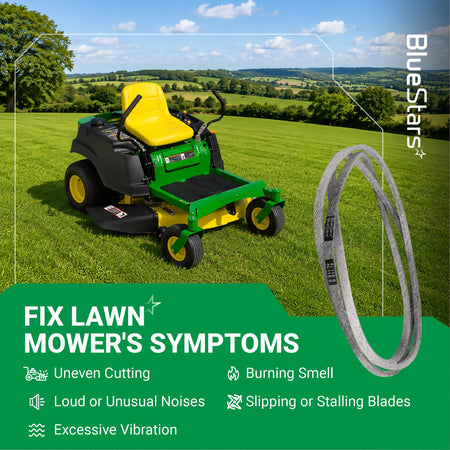 Replacement M154294 lawn mower deck drive belt for zero-turn mowers shown with troubleshooting symptoms.