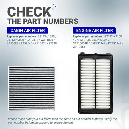 Engine & Cabin Air Filter Kit, part-number comparison graphic showing cabin and engine filters