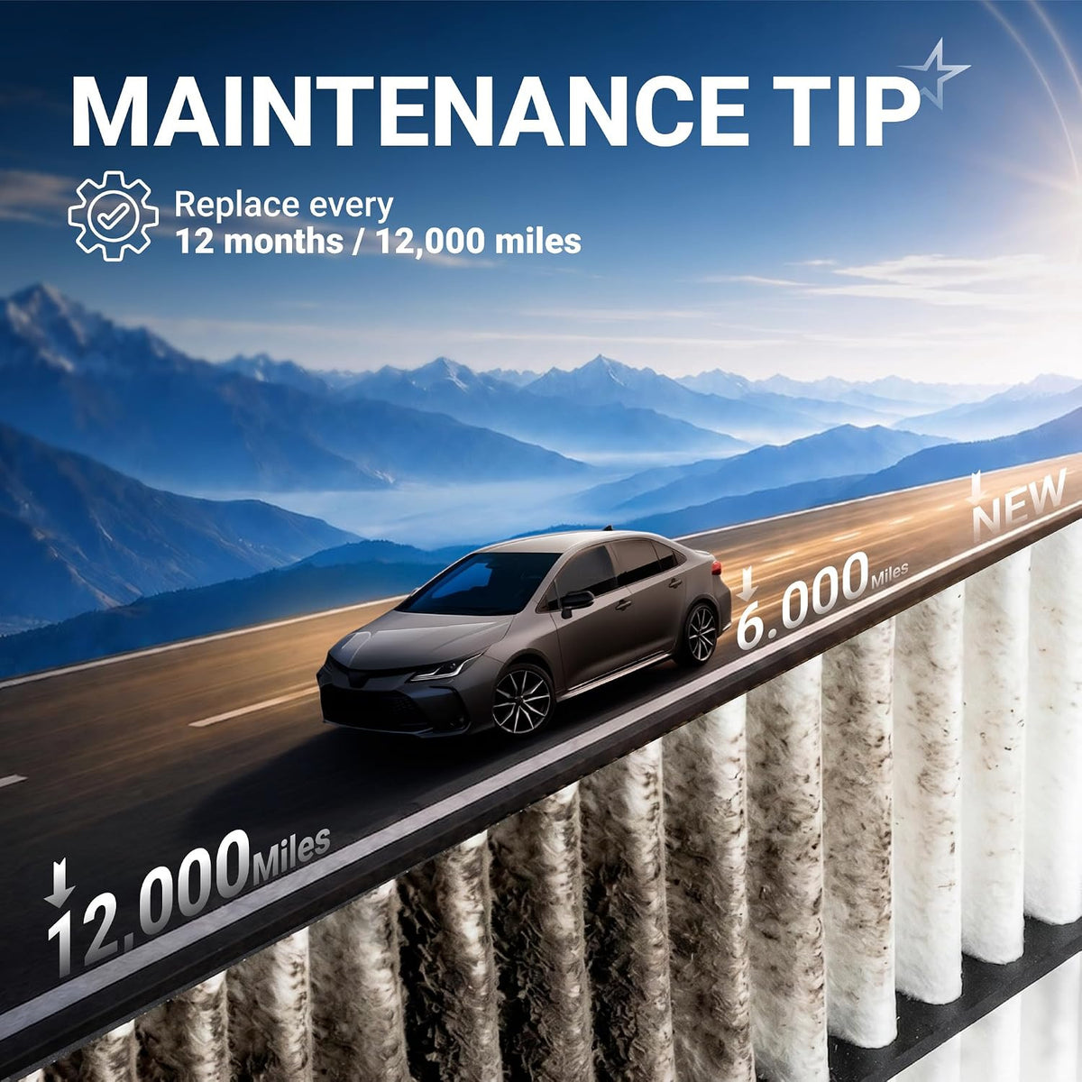Engine & Cabin Air Filter Kit, maintenance graphic showing replacement every 12 months or 12,000 miles