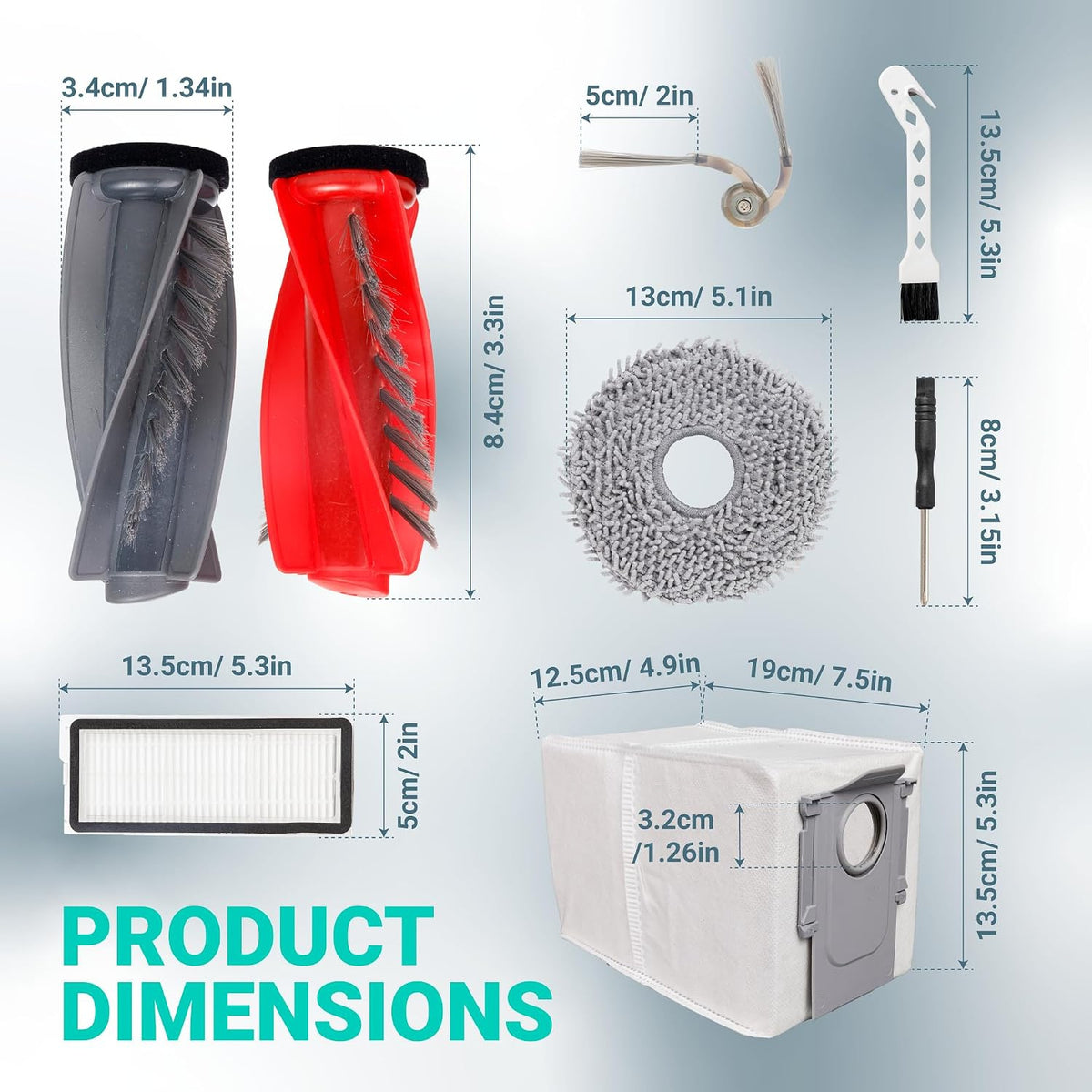28Pcs Qrevo S5V Replacement Parts Kit, product dimensions diagram with brushes, mop, filter, bag, and tool