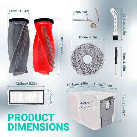 28Pcs Qrevo S5V Replacement Parts Kit, product dimensions diagram with brushes, mop, filter, bag, and tool