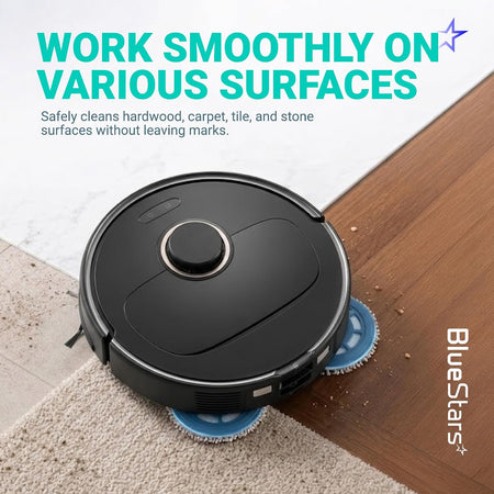 28Pcs Qrevo S5V Replacement Parts Kit shown with a robot vacuum cleaning carpet, tile, and hardwood surfaces