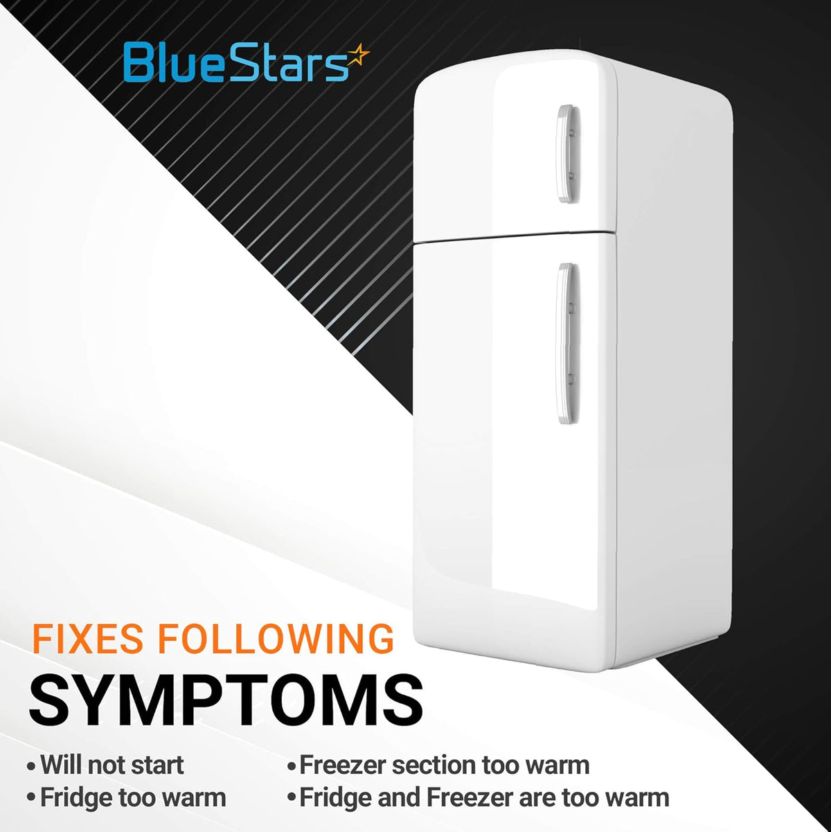 Graphic showing refrigerator symptoms fixed by 8201786 compressor relay start device kit.