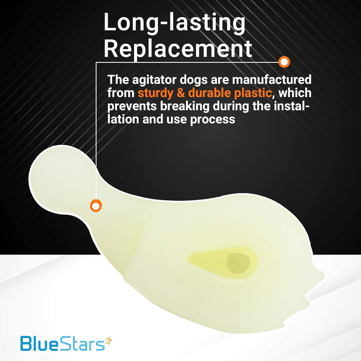 Close-up of a durable plastic washer agitator dog replacement part for Whirlpool and Kenmore washing machines.