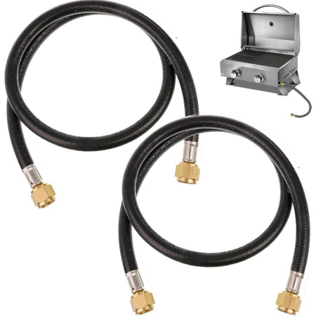 59913 RV propane hose connector assembly 2-pack showing two black hoses and a portable grill