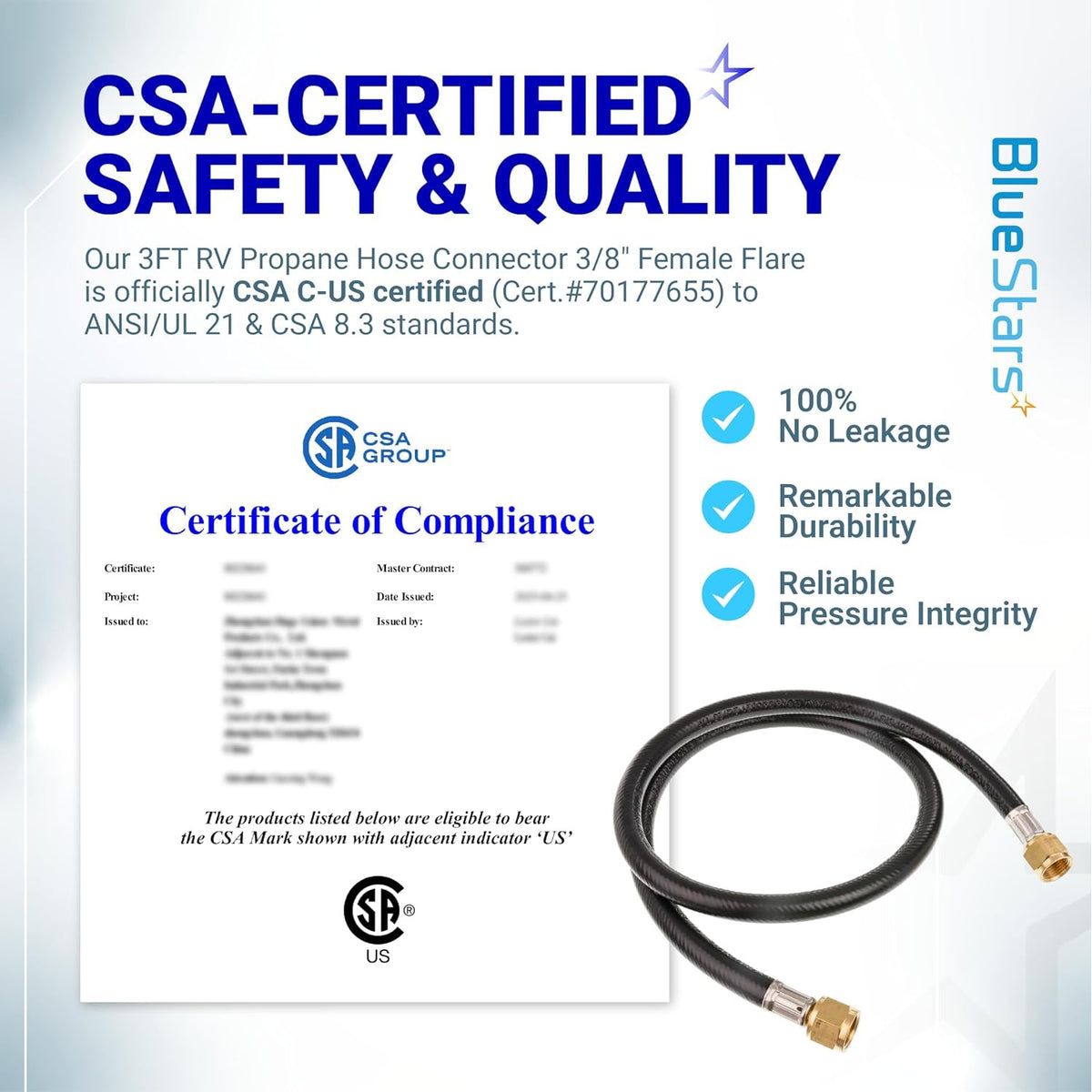 59913 3-Ft RV propane hose connector assembly, CSA certification graphic with one hose shown