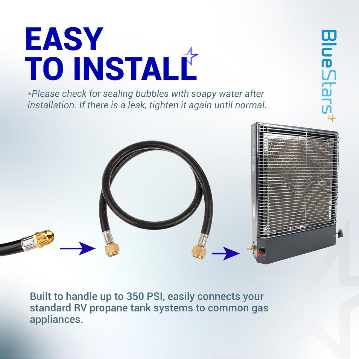 59913 RV Propane Hose Connector Assembly, installation graphic showing hose connecting to a portable gas heater