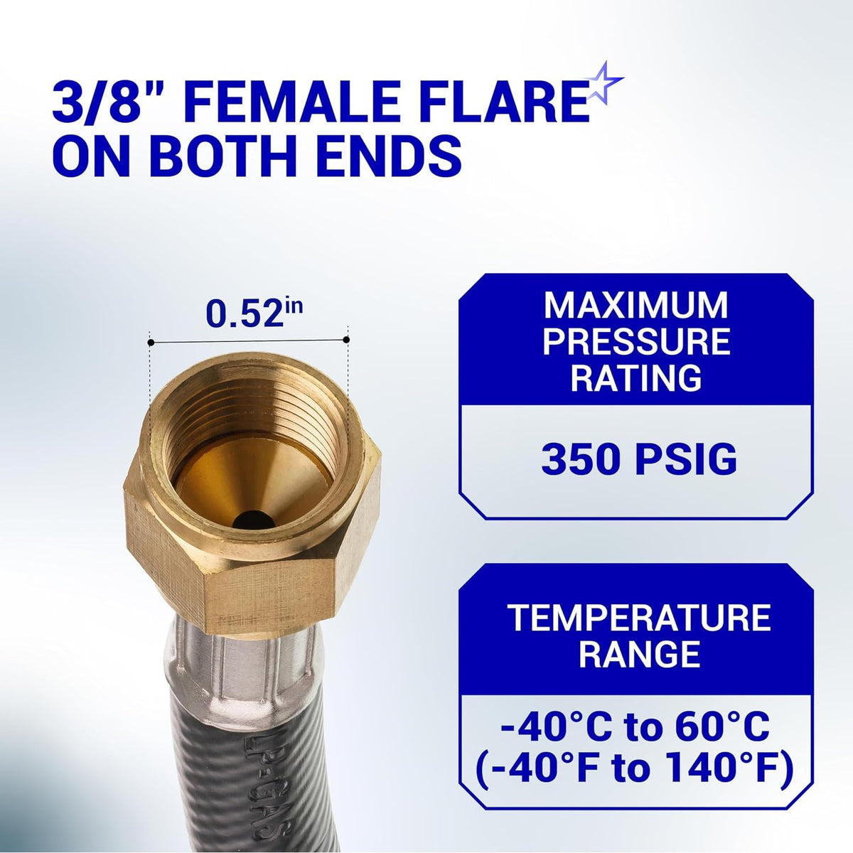 59913 3-Ft RV propane hose connector 2-pack, 3/8-in female flare ends; 350 PSIG, -40°F to 140°F