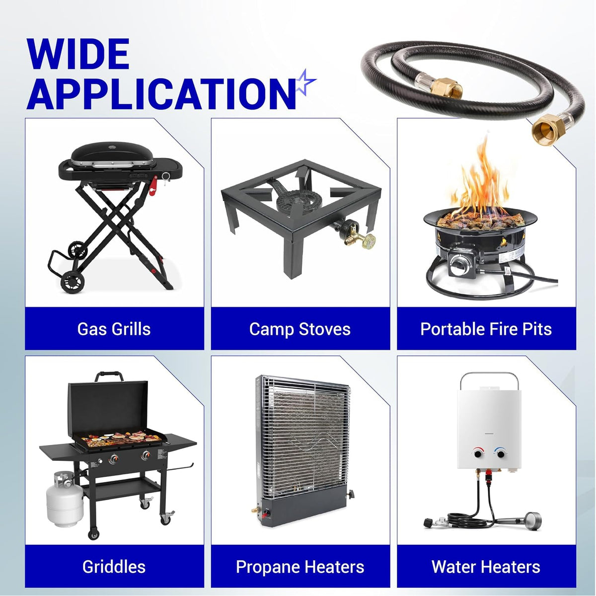 59913 RV propane hose connector assembly, wide application graphic for gas grills, camp stoves, fire pits, and more