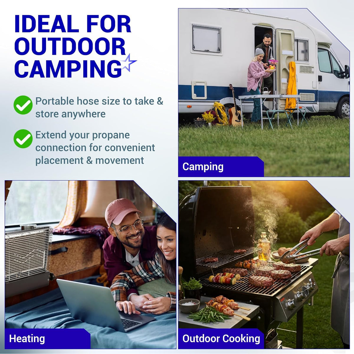 59913 RV propane hose connector assembly shown in camping, heating, and outdoor cooking scenes