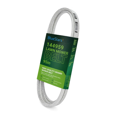144959 mower deck belt in BlueStars branded packaging for 42-inch Craftsman and Poulan lawn mowers.