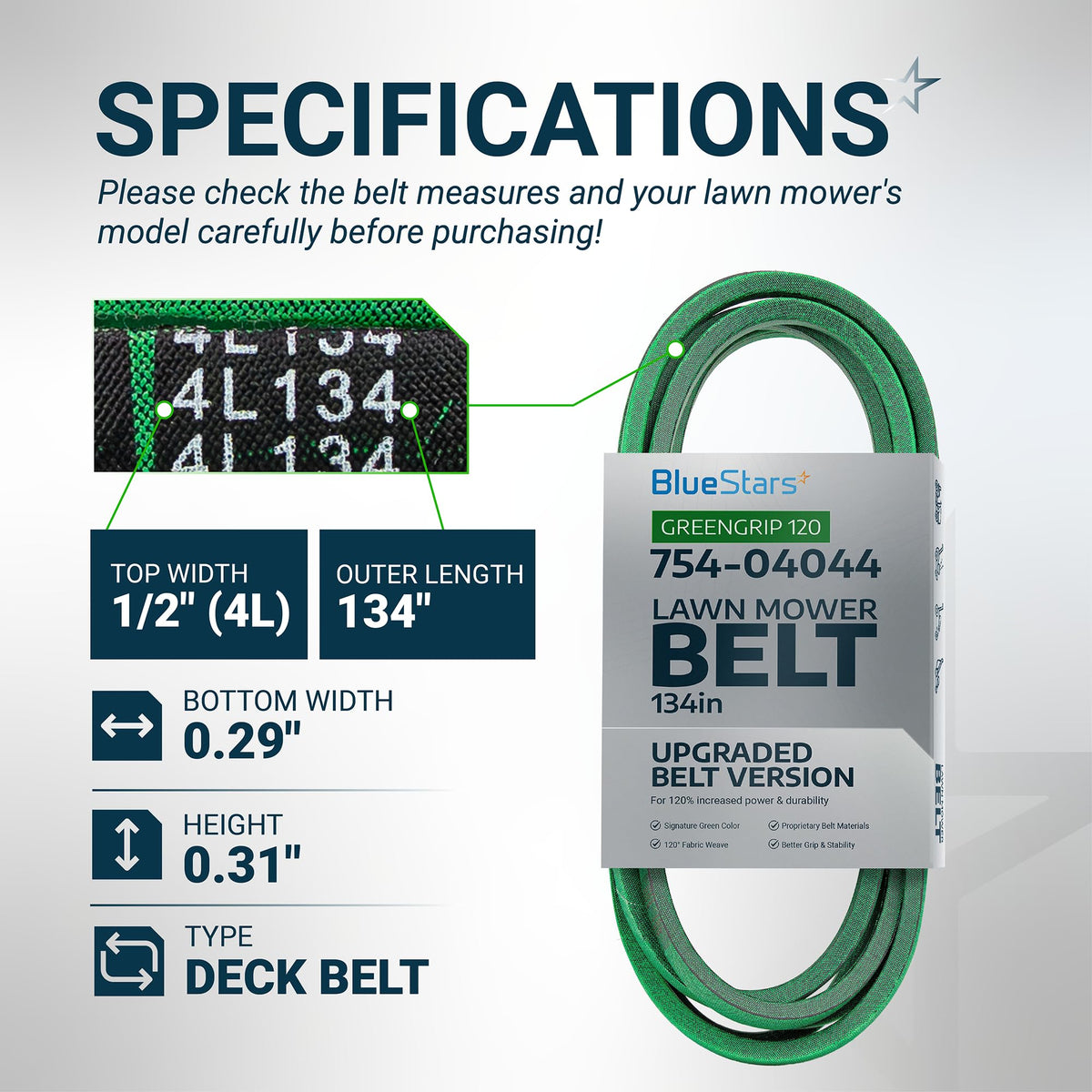 Specification chart for 754-04044 lawn mower deck belt showing dimensions and 1/2 inch by 134 inch size details.