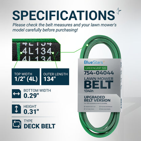 Specification chart for 754-04044 lawn mower deck belt showing dimensions and 1/2 inch by 134 inch size details.