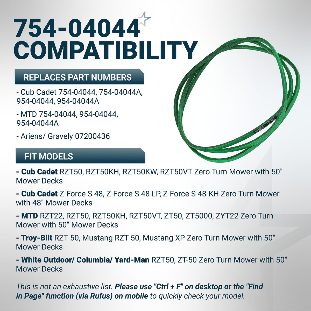 Compatibility chart for 754-04044 mower deck belt showing replacement part numbers and compatible mower models.