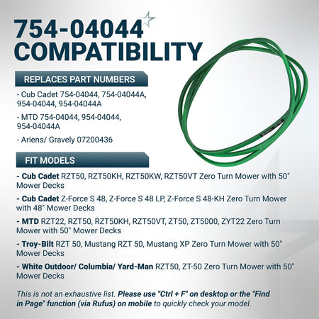 Compatibility chart for 754-04044 mower deck belt showing replacement part numbers and compatible mower models.