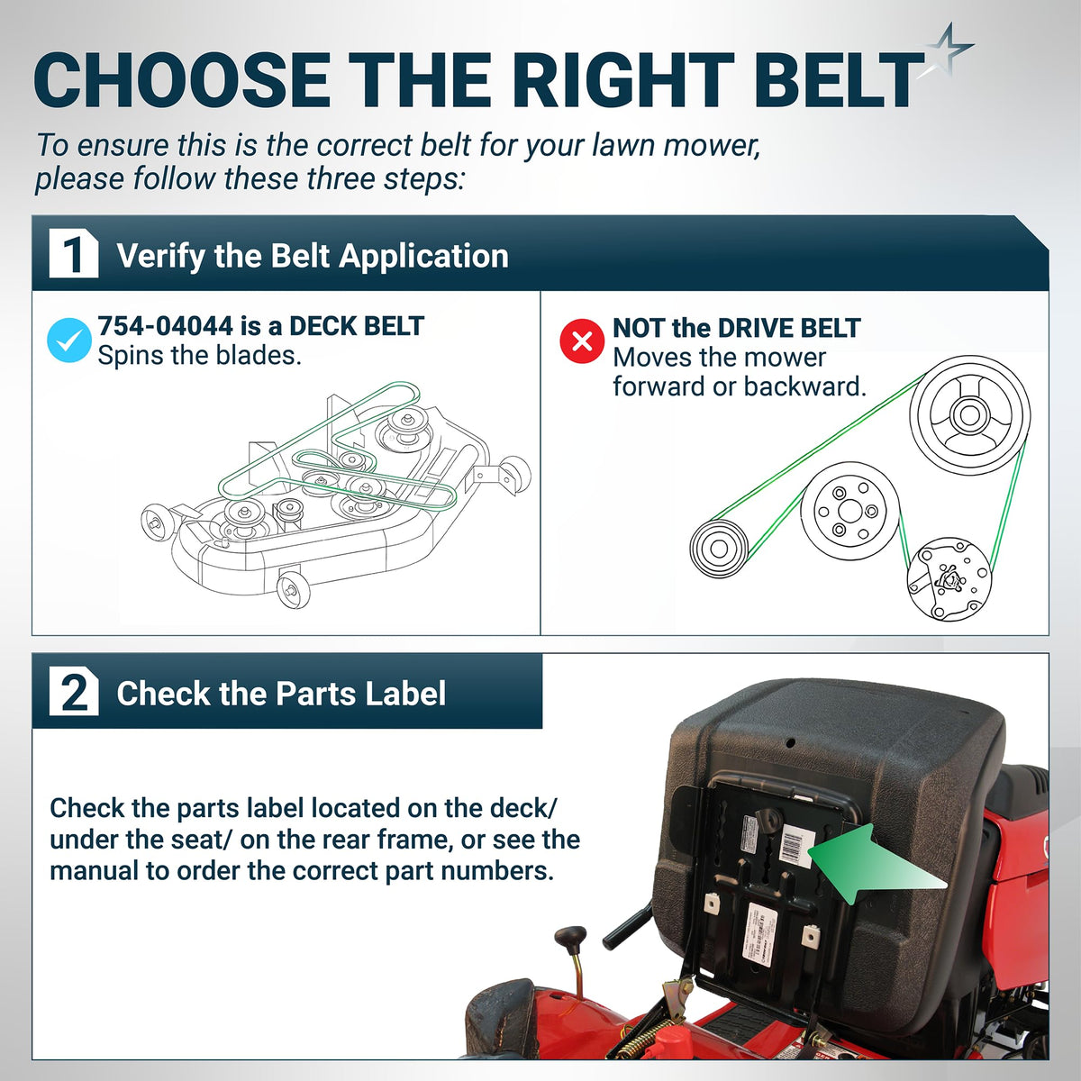 Instructional guide for identifying the correct 754-04044 deck belt for lawn mowers.